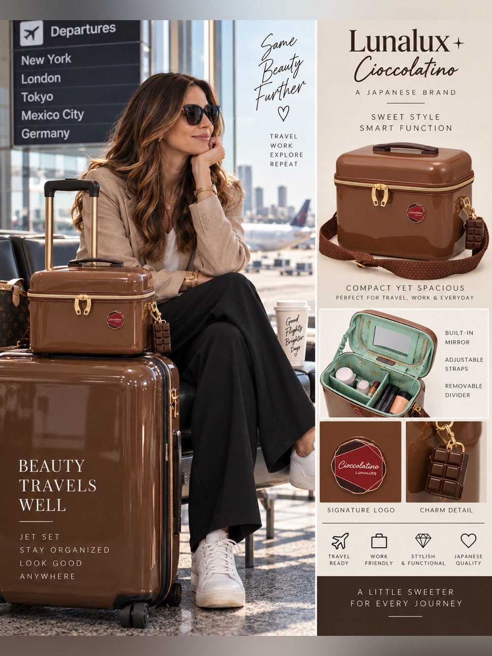 Vanity travel hard case locking zipper shoulder detachable shoulder strap mirror